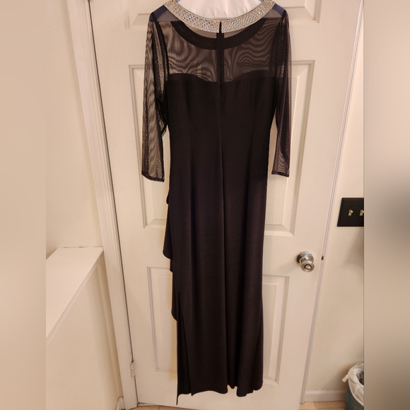 Formal gown, black with rhinestone trim and sheer lace. Alex evening ware. - Picture 2 of 6